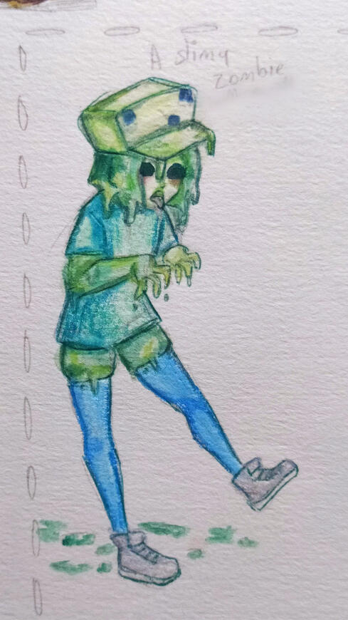 Slime (Minecraft) humanized design, watercolour crayons Slime (Minecraft) humanized design, watercolour crayons