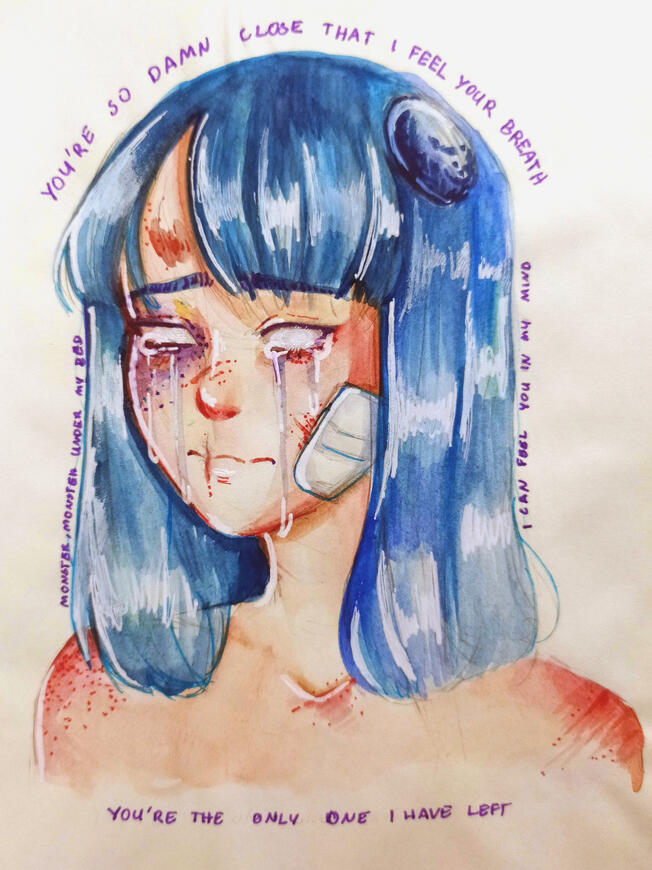 Original Character (Umi), watercolours, watercolour crayons and gel pens